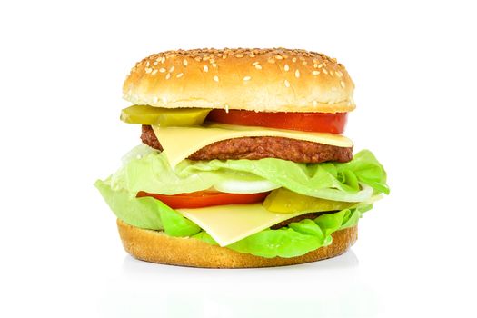 Tasty hamburger, beef burger in close-up and isolated on white background.

