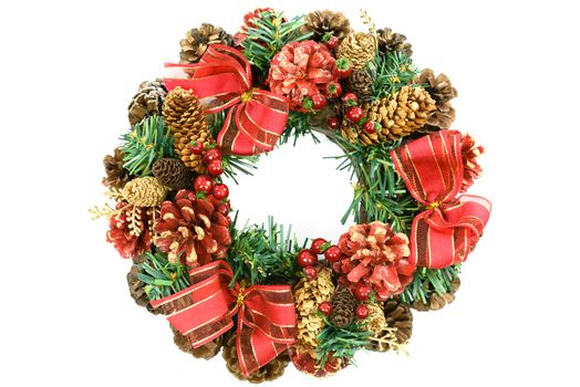 Beautiful christmas wreath decoration with red ribbon, holly, cones, spruce and isolated on white background ( high details, not natural)