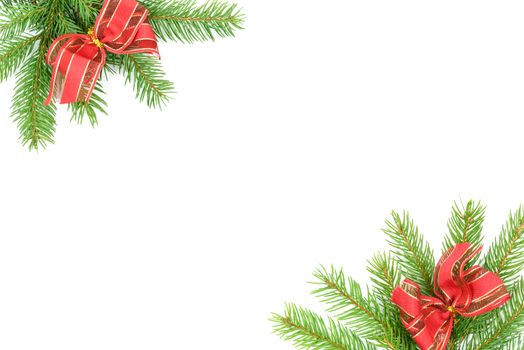 Christmas tree green framework with spruce brunches and red bows  isolated on white background.