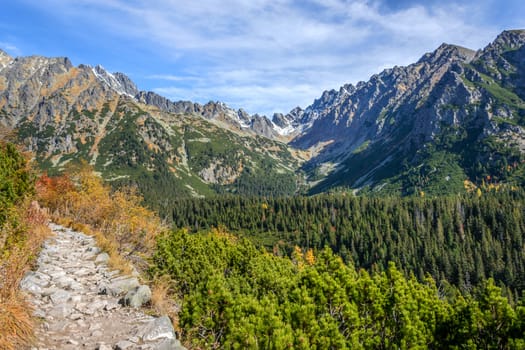 hiking trail among scenic landscape of high mountains on a sunny day