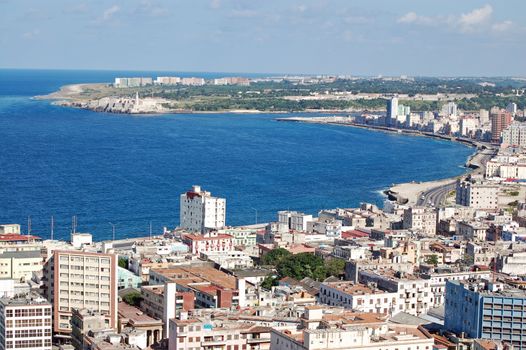 View from a tall building across the magnificent bay at Havana, Cuba on a sunny day.