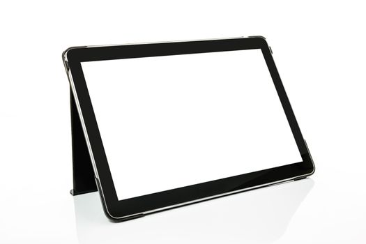 Mock-up with a modern black silver digital tablet in perspective isolated on a white background