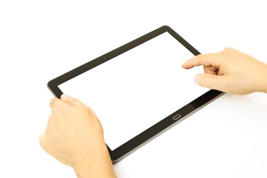 Concept of working on a blank digital tablet isolated on a white background