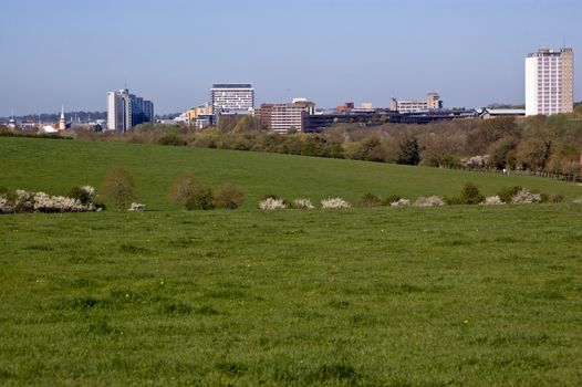 A view of the Hampshire town of Basingstoke with may trees showing their spring blossom.