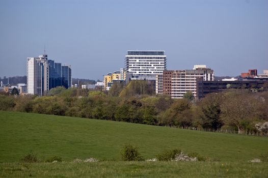 View from Basing Common of the town centre of Basingstoke, Hampshire.