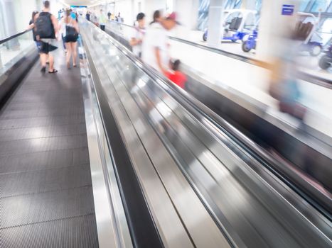 The skywalk with blurred business people in airport