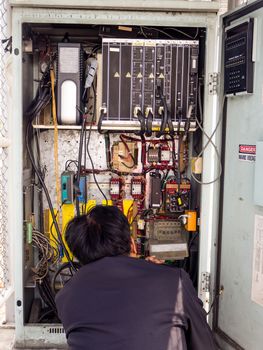 Electrical panel at a assembly line factory. Controls and switches.