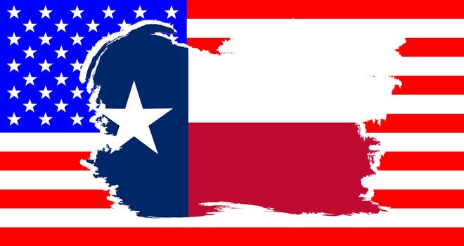 The flag of the USA state of TEXAS with a white grunge border set over the usa Stars and Stripes flag