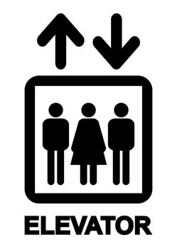 A traditional old style elevator or lift sign with male and female characters with up and down arrowson a white background