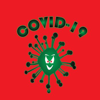 The viral infection Covid 19 with an evil grinning face isolated over a red background