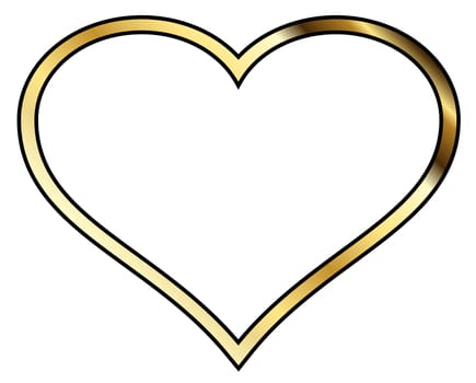 A golden heart outline with copy space and isolated on a white background