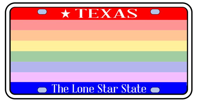 Blank Texas state license plate in the colors of the state flag with LGBT rainbow over a white background