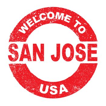 A grunge rubber ink stamp with the text Welcome To San Jose USA over a white background