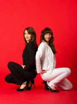 young pretty sisters twins posing sitting in studio