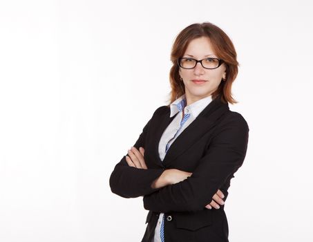 portrait of young pretty business woman with glasses in black suit closeup