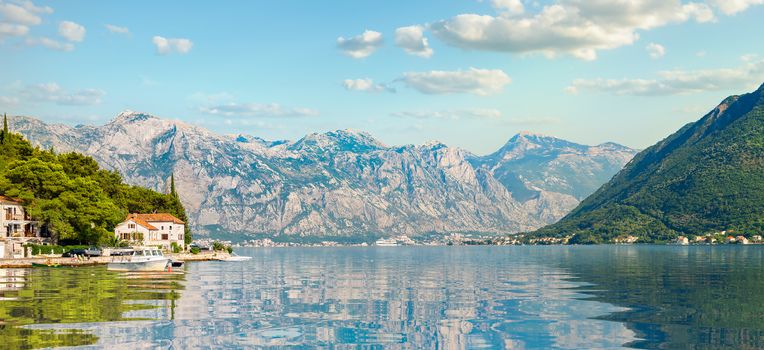 View Lovcen mountain from Bay of Kotor and Perast town