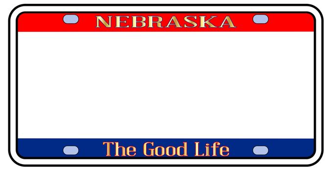 Blank Nebraska state license plate in the colors of the state flag over a white background