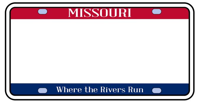 Blank Missouri state license plate in the colors of the state flag over a white background