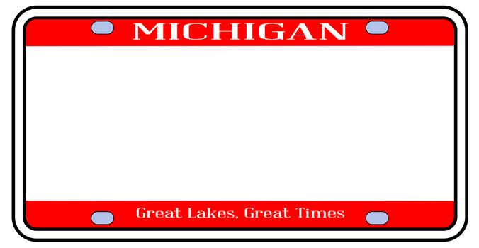 Michigan state license plate in the colors of the state flag over a white background