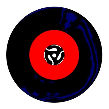 A typical 45 rpm vinyl record with a red blank labell over a white background