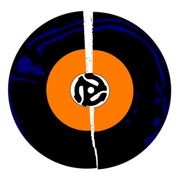 A typical broken 45 rpm vinyl record with an orange blank labell over a white background