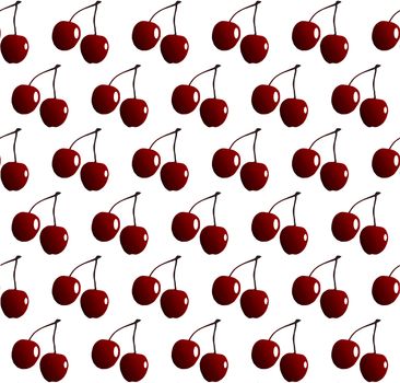 Two cheries with stalks in rows as a seamless pattern isolated on a white background