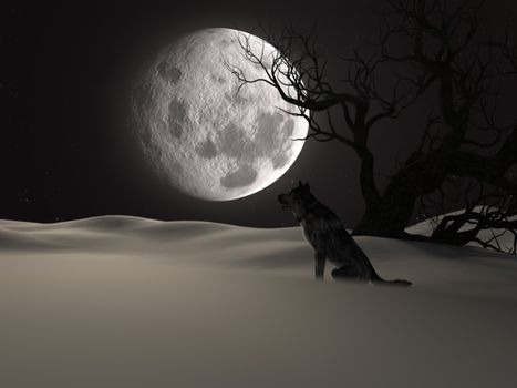 Illustration of a wolf during the full moon in winter with a creepy tree - 3d rendering