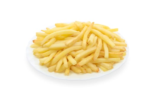 French fries on a white plate isolated on a white background.