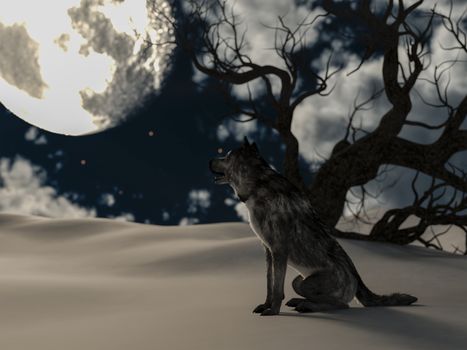 Illustration of a wolf during the full moon in winter with a creepy tree - 3d rendering