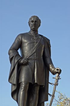 Large bronze statue of Major General Sir Henry Havelock in Trafalgar Square, London.  The soldier was famous for leading the army in India and Afghanistan. Monument on public display since 1861.