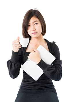 Young woman holding coffee cup and digital tablet isolated on white background