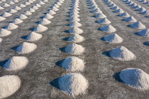 Aerial view of Salt in salt farm ready for harvest, Thailand.