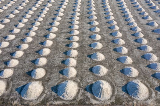 Aerial view of Salt in salt farm ready for harvest, Thailand.