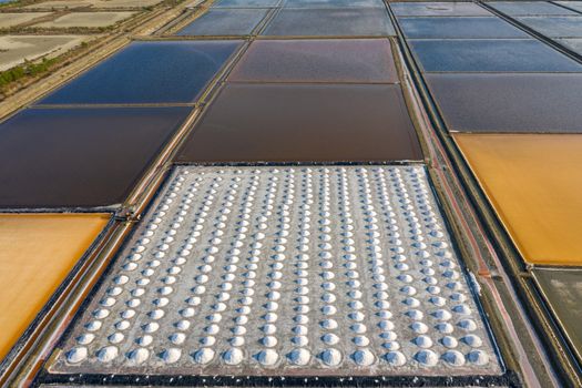 Aerial view of Salt in salt farm ready for harvest, Thailand.