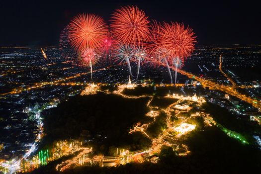Phra Nakorn Kiri firework festival at night in Phetchaburi, Thailand.