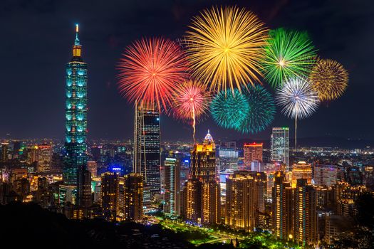 Fireworks festival at night in Taipei, Taiwan.