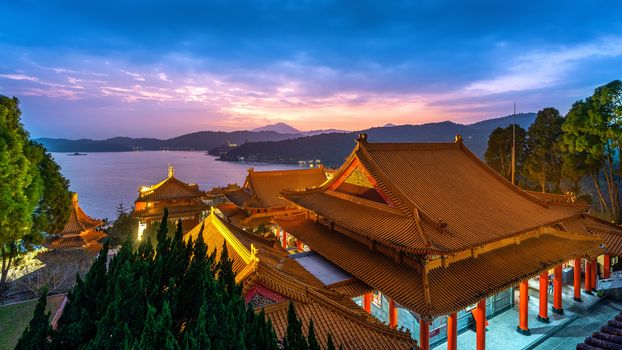 Wenwu temple and Sun moon lake at twilight, Taiwan.