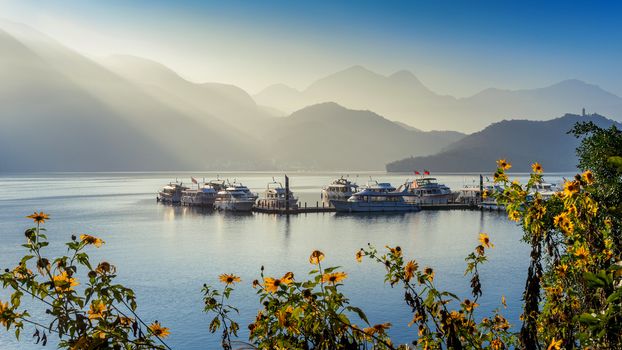 Sun Moon Lake at sunrise in Nantou, Taiwan.