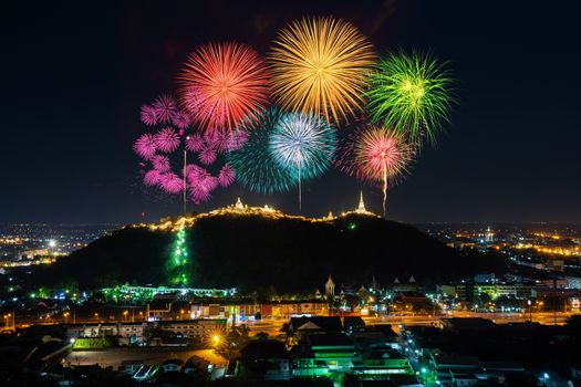 Phra Nakorn Kiri firework festival at night in Phetchaburi, Thailand.