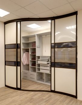 Empty wardrobe room with shelves, cabinets and other storage systems.