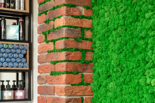 Brick wall with decorative green moss and a shelving in the background