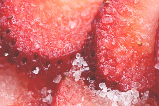 Fresh vitamin berry backdrop. Sliced strawberry sugar filling background. Red healthy tasty strawberry’s with sugar texture.