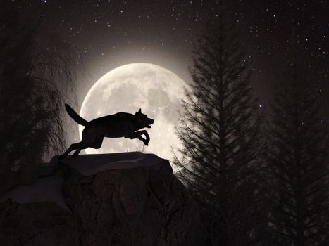 Silhouette of a wolf during the full moon in the forest at the winter - 3d rendering