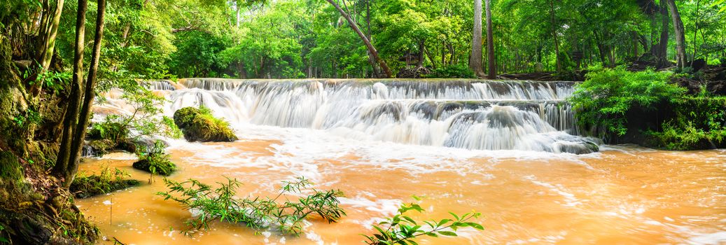 Panorama Waterfall in a forest on the mountain in tropical forest at National park Saraburi province, Thailand