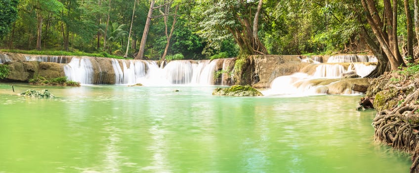 Panorama Waterfall in a forest on the mountain in tropical forest at Waterfall Chet Sao Noi in National park Saraburi province, Thailand