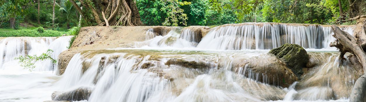 Panorama Waterfall in a forest on the mountain in tropical forest at Waterfall Chet Sao Noi in National park Saraburi province, Thailand