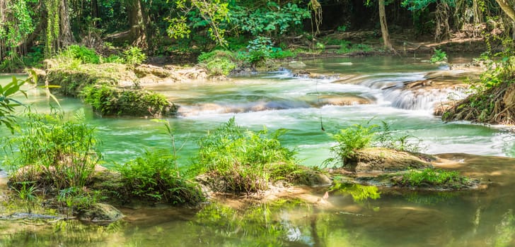 Panorama Waterfall in a forest on the mountain in tropical forest at Waterfall Chet Sao Noi in National park Saraburi province, Thailand