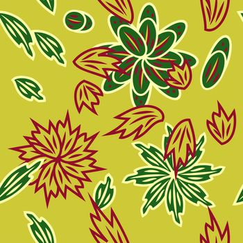 The seamless linocut style pattern with autumn leafs, tree, flowers and design elements. Hand drawn overlapping hygge scandinavian background. Textile, blog decoration, banner, poster, wrapping paper.