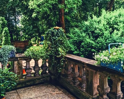Beautiful green garden with flowers on luxury backyard, nature and landscape design