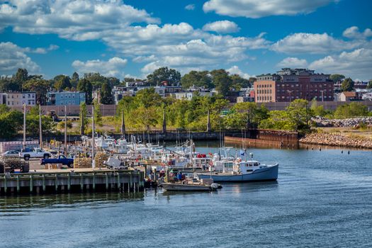 A small commercial fishing dock with boats and trucks